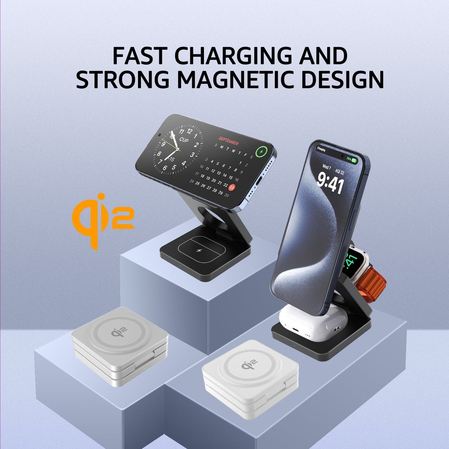 SMARTUNO™ Trifold 3-in-1 MagSafe Qi2 Fast Wireless Charger Stand for iPhone, AirPods, iWatch & Other Qi2-Enabled Devices