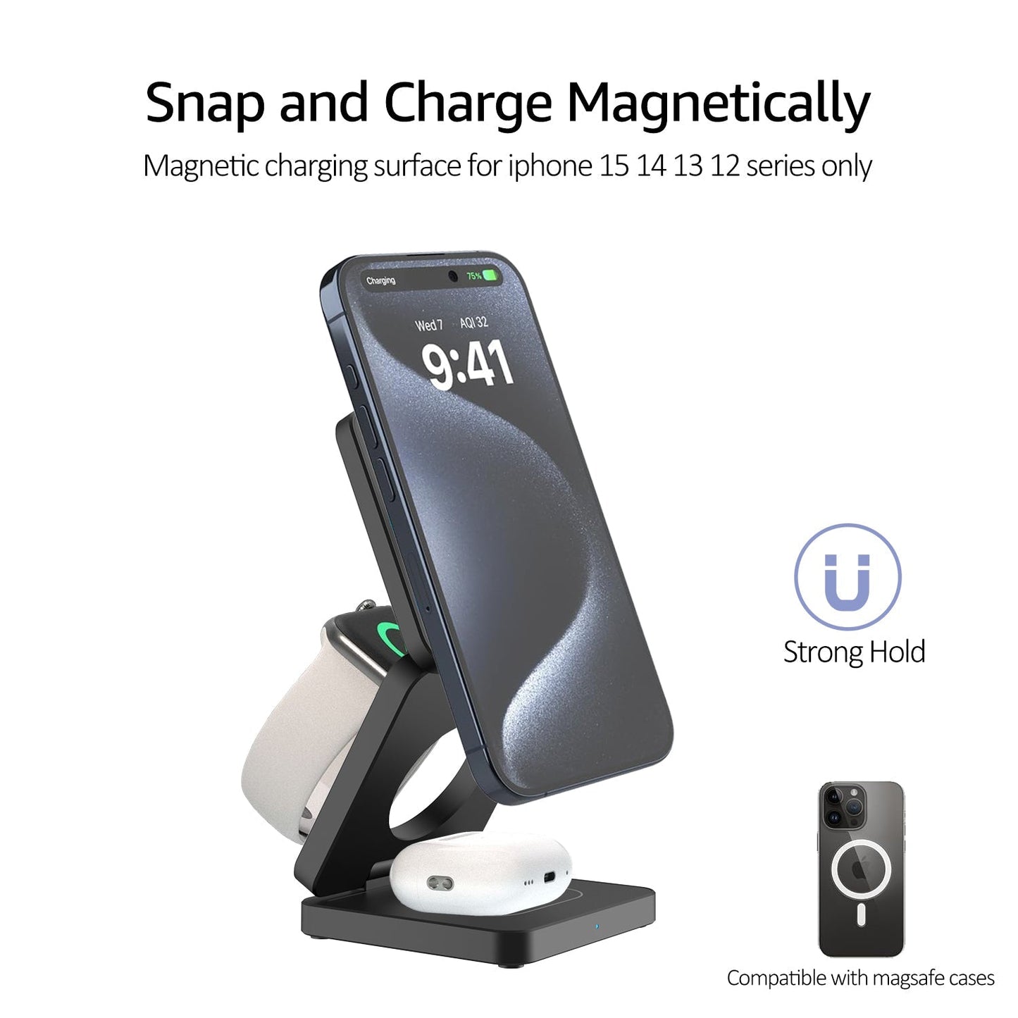 SMARTUNO™ Trifold 3-in-1 MagSafe Qi2 Fast Wireless Charger Stand for iPhone, AirPods, iWatch & Other Qi2-Enabled Devices