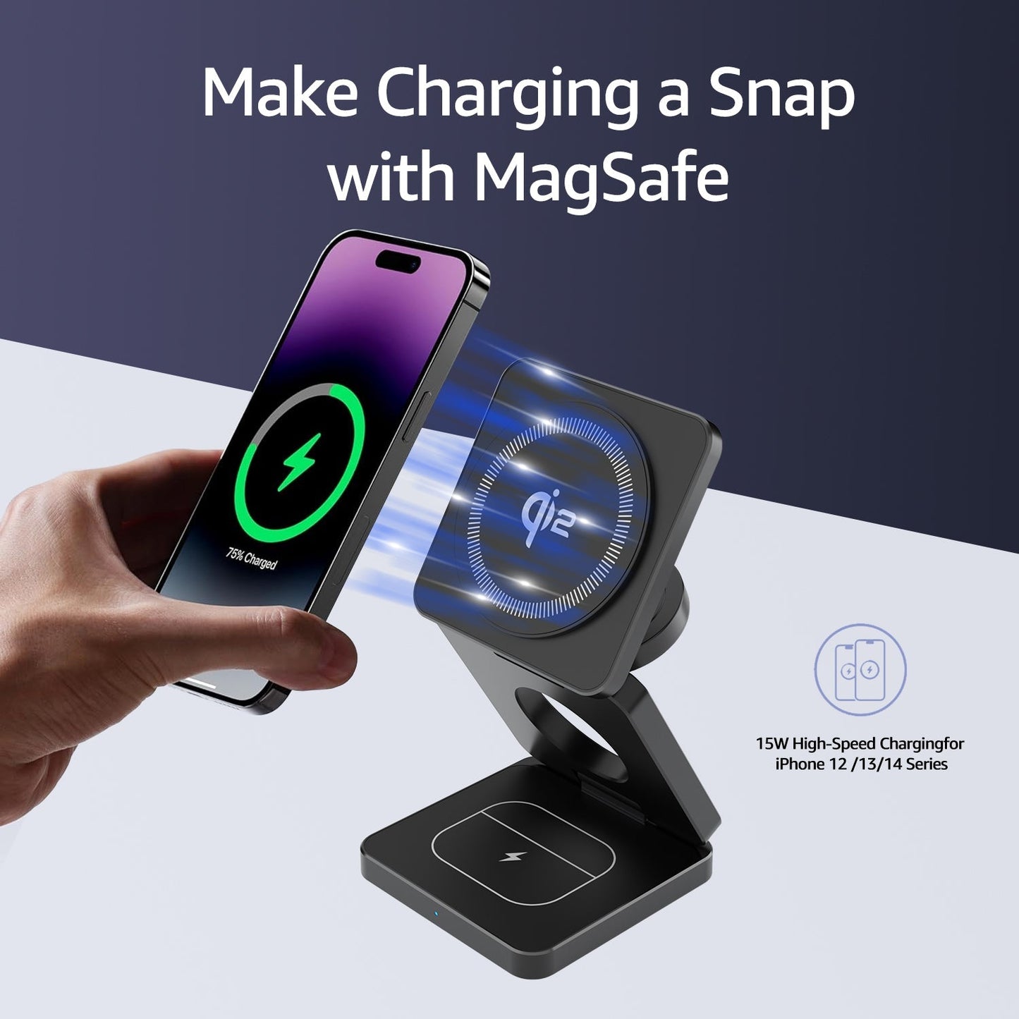 SMARTUNO™ Trifold 3-in-1 MagSafe Qi2 Fast Wireless Charger Stand for iPhone, AirPods, iWatch & Other Qi2-Enabled Devices