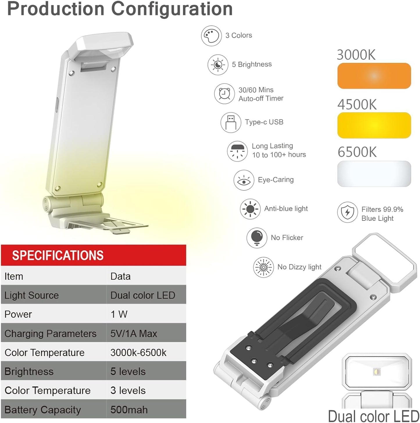 Book Lamp for Students, USB Rechargeable LED Study Light, 3 Brightness & Color Modes, Clip-On, Portable & Eye-Friendly (White)