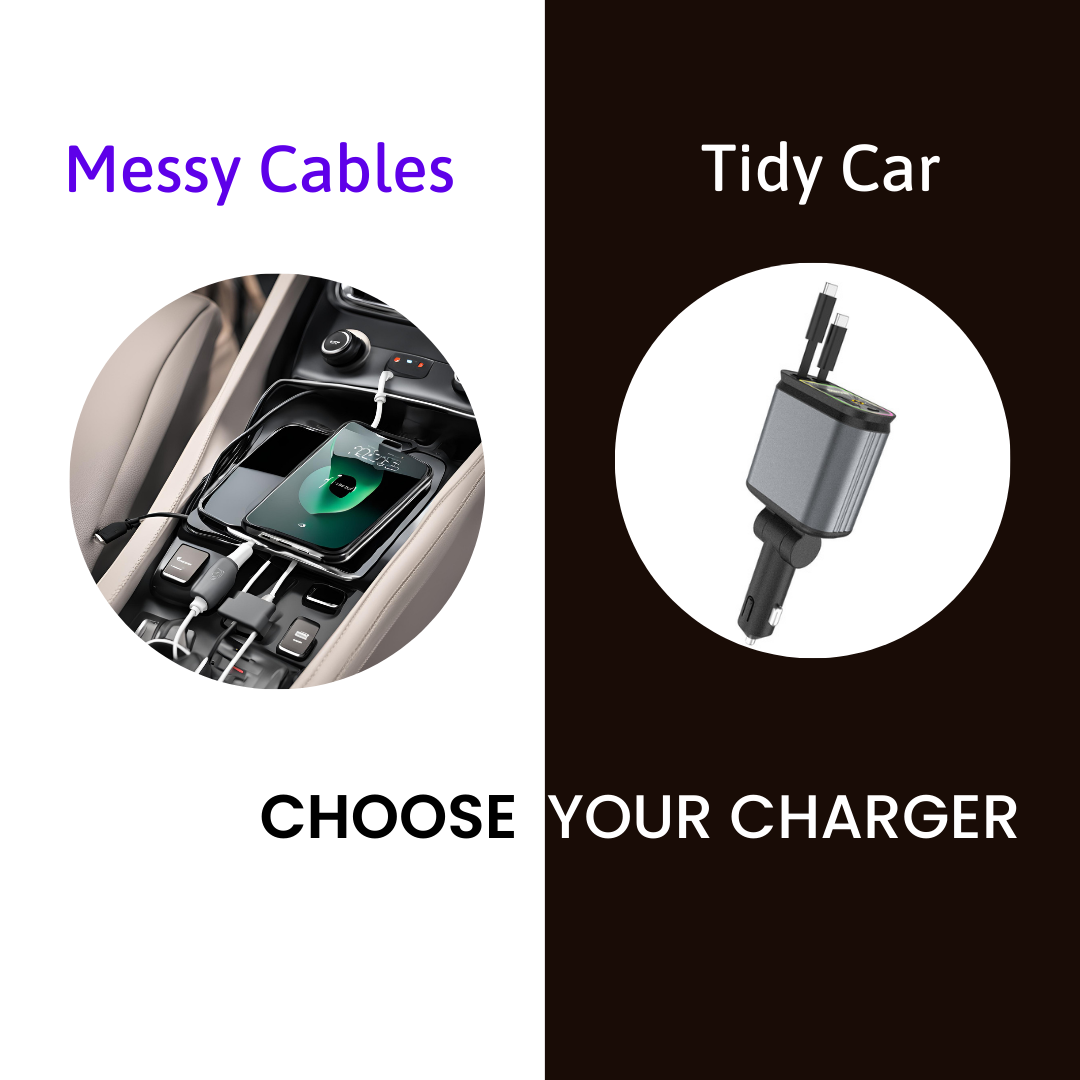 SMARTUNO™ 4 in 1 Retractable cables 2 Type C and iOS Fast Charging Car Phone Charger