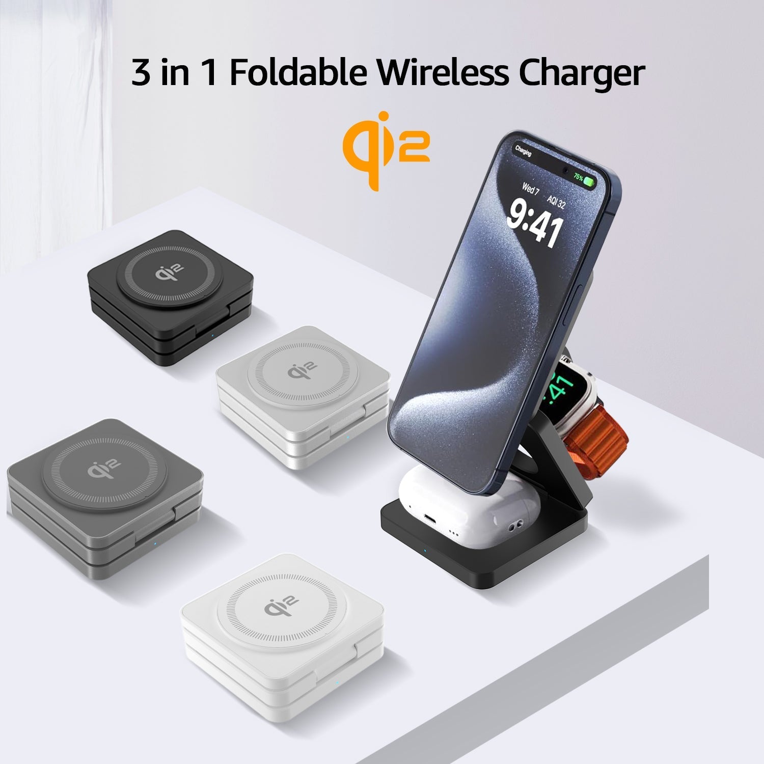SMARTUNO™ Trifold 3-in-1 MagSafe Qi2 Fast Wireless Charger Stand for iPhone, AirPods, iWatch & Other Qi2-Enabled Devices