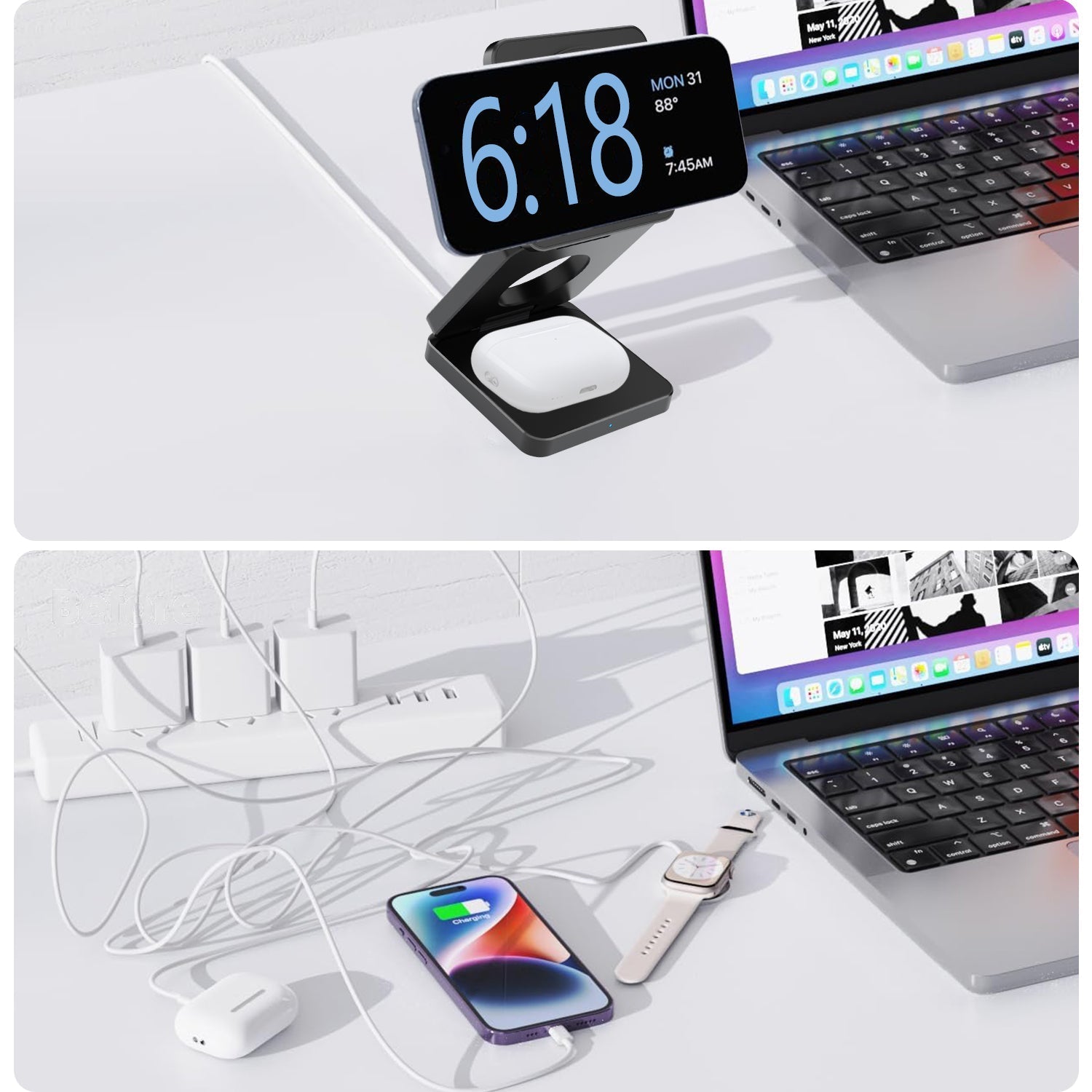 SMARTUNO™ Trifold 3-in-1 MagSafe Qi2 Fast Wireless Charger Stand for iPhone, AirPods, iWatch & Other Qi2-Enabled Devices