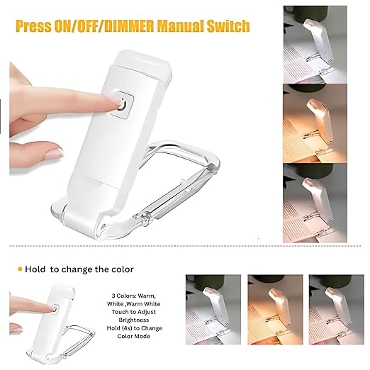 Book Lamp for Students, USB Rechargeable LED Study Light, 3 Brightness & Color Modes, Clip-On, Portable & Eye-Friendly (White)