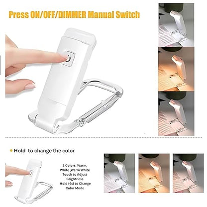 Book Lamp for Students, USB Rechargeable LED Study Light, 3 Brightness & Color Modes, Clip-On, Portable & Eye-Friendly (White)