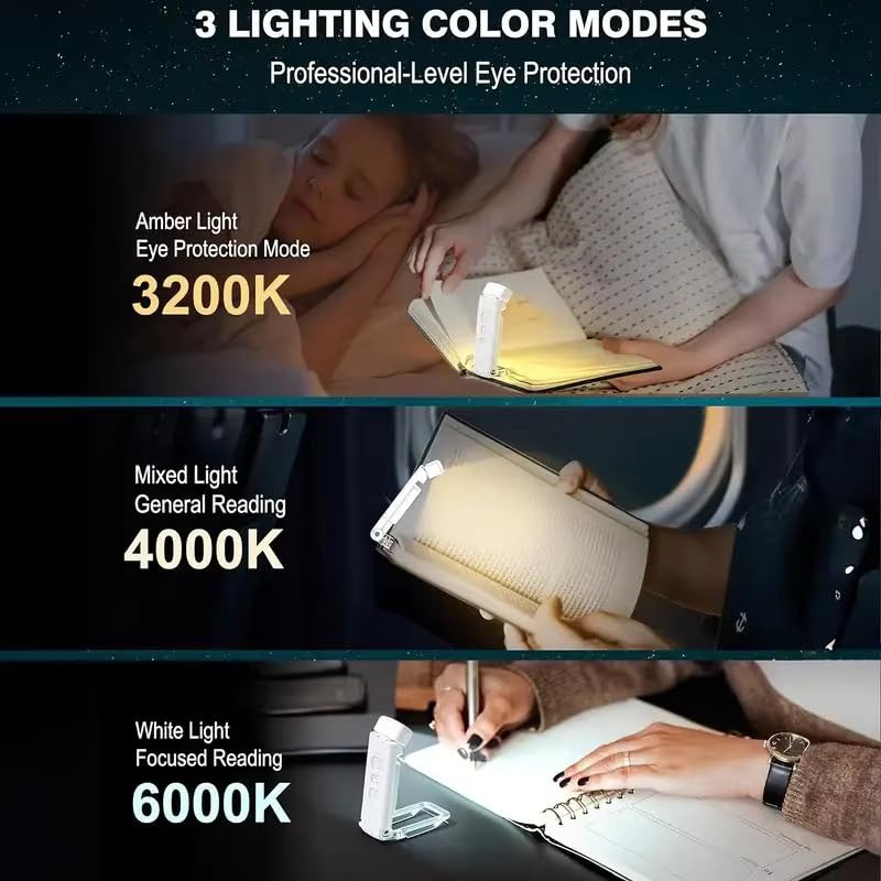 Book Lamp for Students, USB Rechargeable LED Study Light, 3 Brightness & Color Modes, Clip-On, Portable & Eye-Friendly (White)
