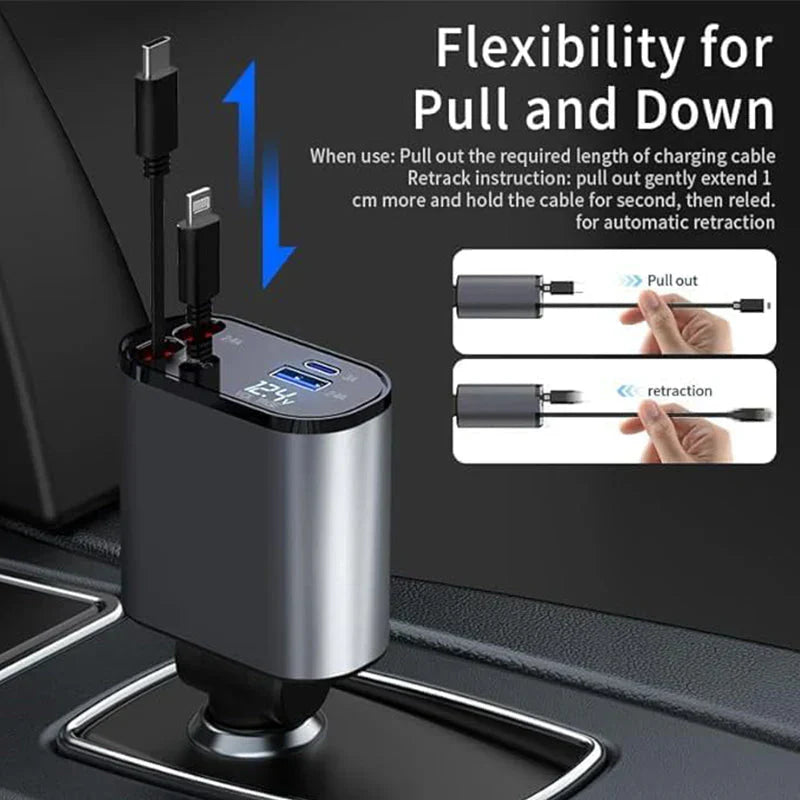 SMARTUNO™ 4 in 1 Retractable cables 2 Type C and iOS Fast Charging Car Phone Charger
