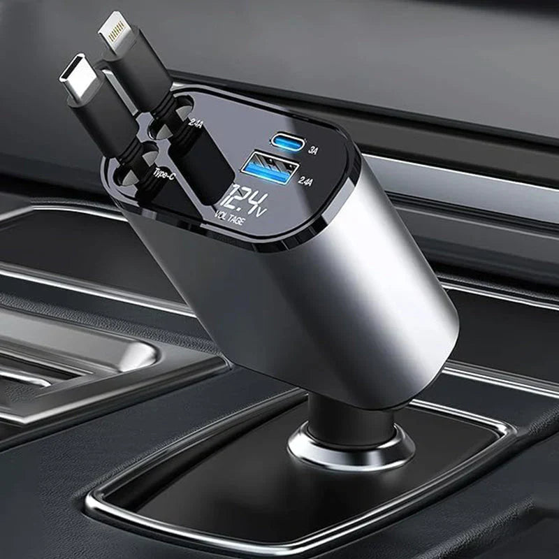 SMARTUNO™ 4 in 1 Retractable cables 2 Type C and iOS Fast Charging Car Phone Charger